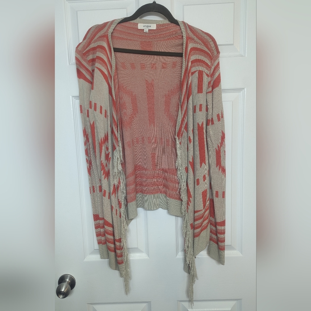 UMGEE Southwestern Fringe Open Cardigan Sweater Cream/Orange Size Large